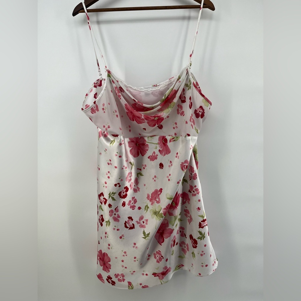 Delicates Floral Satin Chemise Nightgown XL Pink White Cowl Neck Lace Trim Sleep